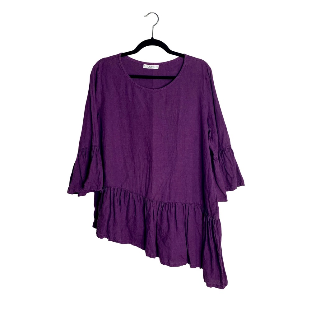 Bryn Walker Purple Linen Tunic Asymmetric Hem Bell Sleeve Lagenlook Artisan Top